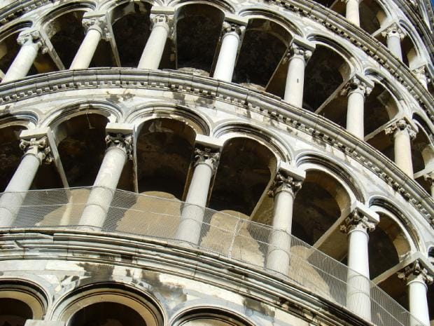 Detail view of the Leaning Tower of Pisa