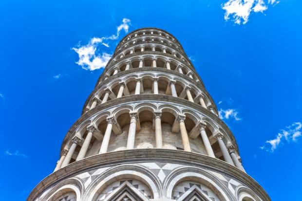 View looking up from the base of the Leaning Tower of Pisa