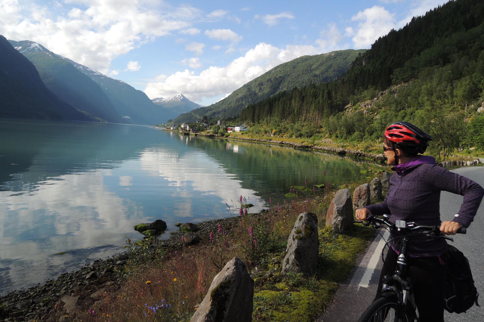 Cyclist overlooks calm waters in Norway